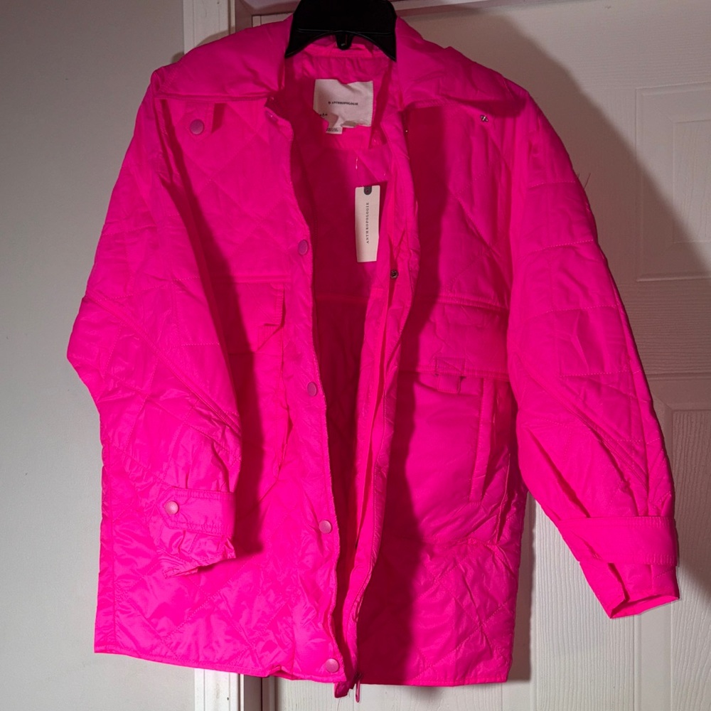 Anthropologie Neon Pink Quilted Puffer Coat